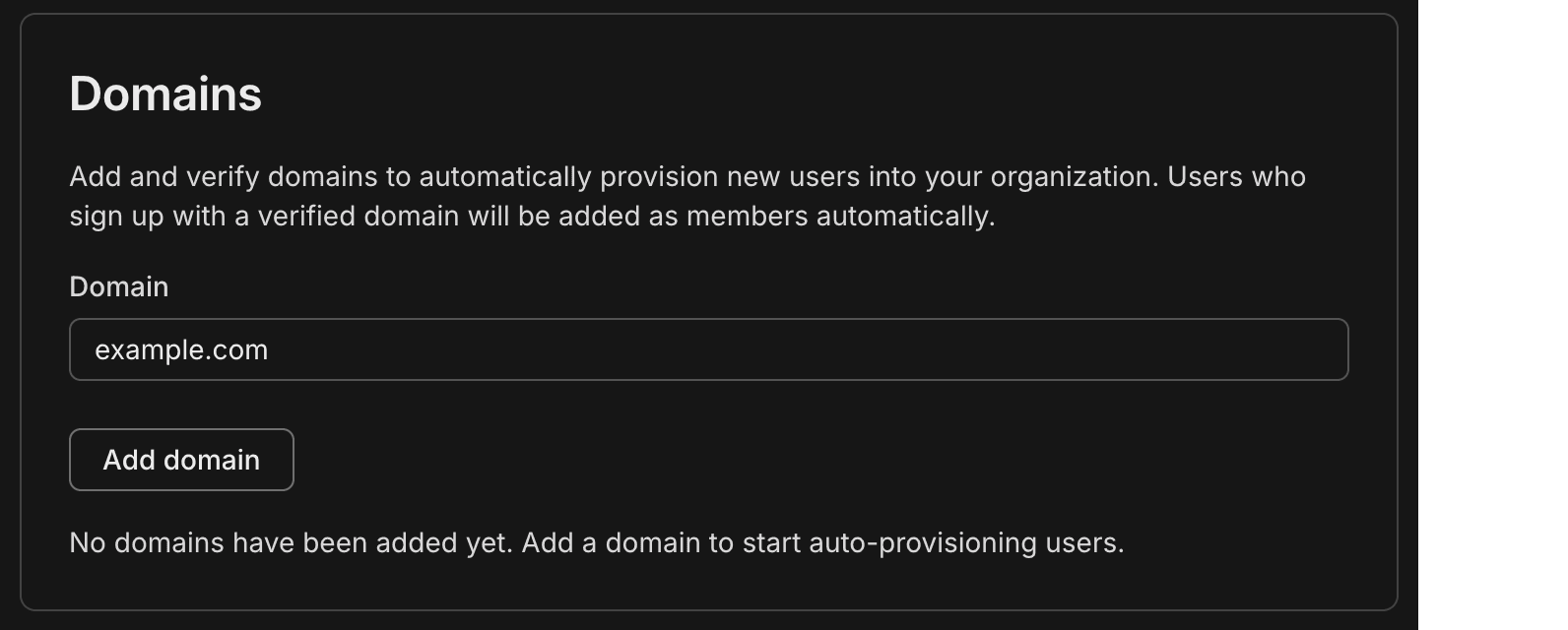 Domain section on the Organization Settings page